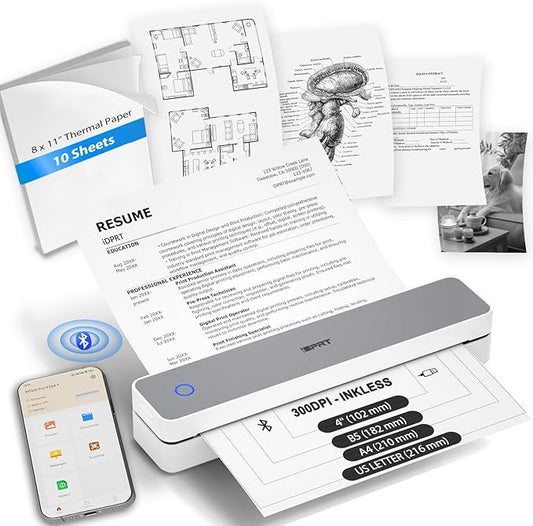 iDPRT Inkless Portable Printer for Travel, 300DPI Wireless Thermal Printer Support 8.5 x 11 Inch US Letter, A4, Small Bluetooth Printers Compatible with iOS, Android Laptop for Office Car Home, Grey