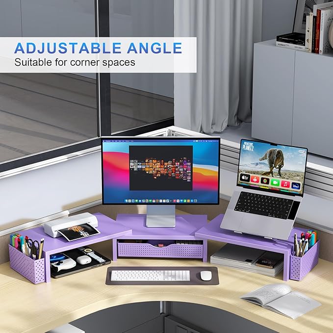 gianotter Dual Monitor Stand Riser, Desk Organizer With Drawer and 2 Pen Holders, Desk Organizers and Accessories, Purple Office Decor (Purple)