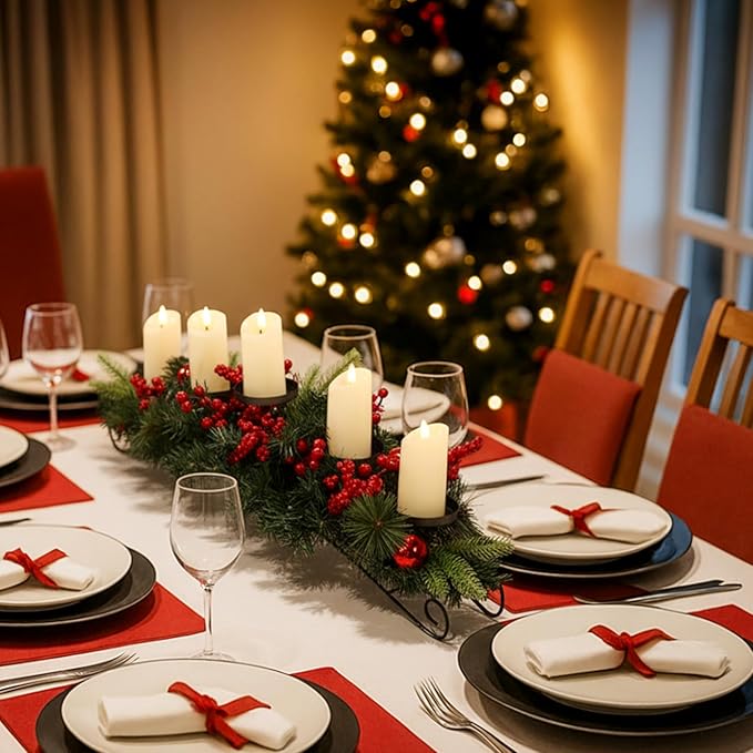 Yungyan Christmas Tabletop Centerpiece 30 Inch, Includes 5 Battery Operated LED Candle Holders, Norfolk Branch, Red Berries, Red Balls and Base, Christmas Artificial Dinner Table Decorations