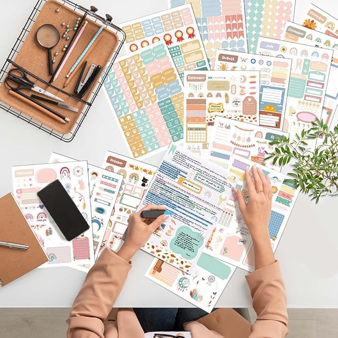 1700+ Planner Stickers Book, 24 Sheets Waterproof Repositionable Stickers for Journal, Bullet Planner, Scrapbook & Calendar, Functional Decorative Sticker Set & Gift (Boho Style)