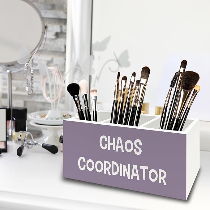 Chaos Coordinator Purple Pen Pencil Holder Organizer for Desk, Thank You Gifts for Women Men Coworkers Boss Leader Manager, Appreciation Gifts Wooden Box Sign for Office Tabletop Decorations