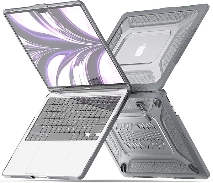 KEROM Heavy Duty Case for MacBook Air 13 inch 2025-2022 M4 M3 M2 A3240 A3113 A2681, MacBook Air M4 13 inch Case, Protective Rugged TPU Bumper Hard Shell with Foldable Kickstand & Keyboard Cover, Grey