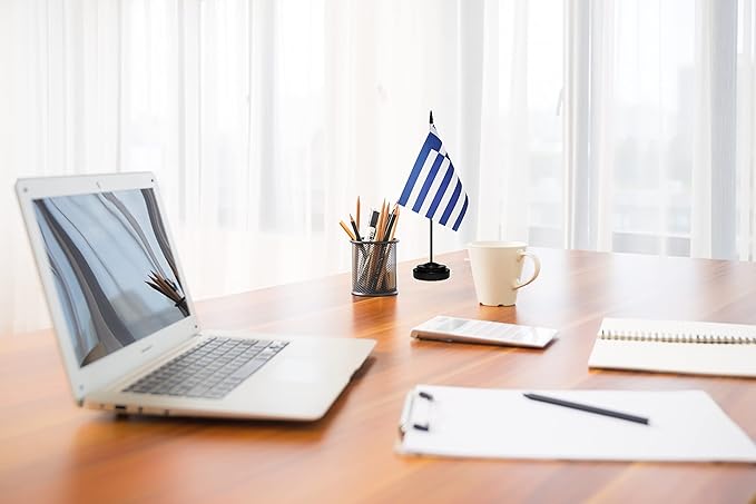 Greece Greek Deluxe Desk Flag Set, Small Mini Miniature Greece Greek Table Desktop Flags With Solid Pole, Black Base and Spear Top(2 Pack)