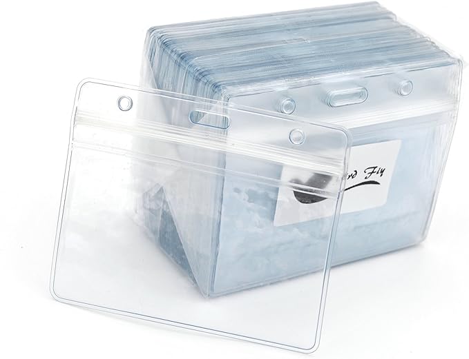 Bird Fiy 50 Pcs Waterproof Type Clear Plastic Horizontal Name Tag Badge Id Card and 50 Pcs Black Nylon Lanyard