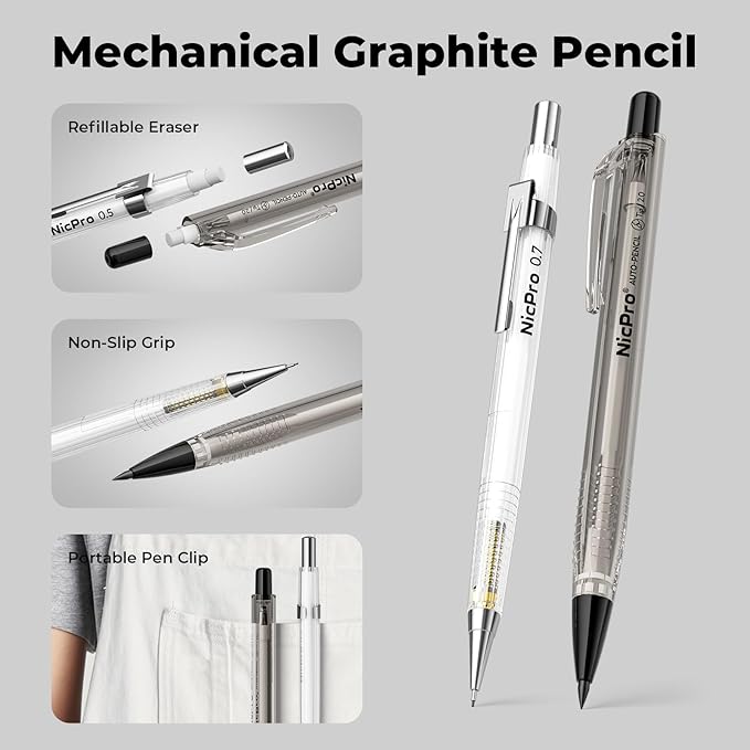 Nicpro 6 PCS Art Mechanical Pencils Set with Case, Drafting Pencil 0.5 & 0.7 & 0.9 mm and 3PCS 2mm Lead Holder (4B 2B HB 2H Colors) For Art Writing, Sketching Drawing,With Lead Refills Erasers