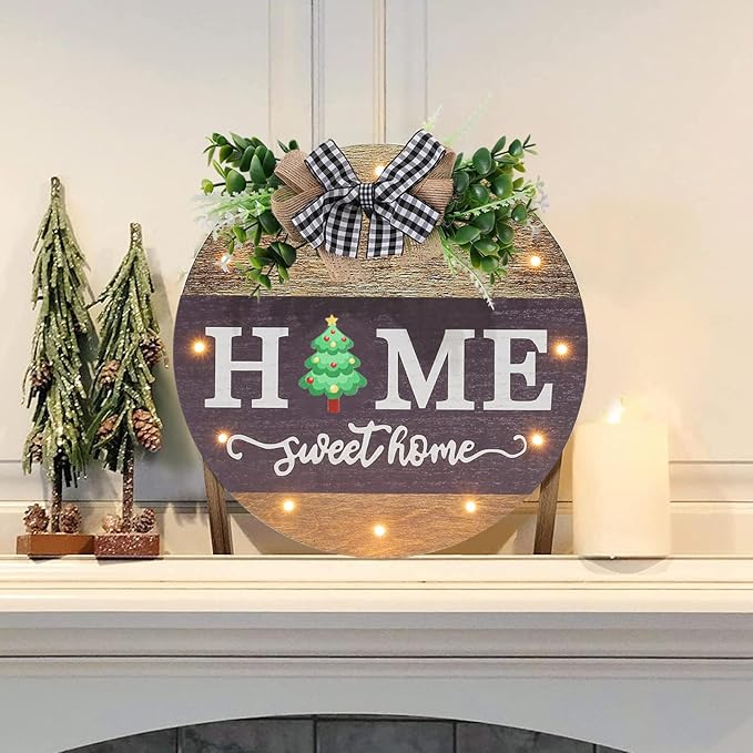 Interchangeable Welcome Sign for Front Door with 14 Changeable Icons, Farmhouse Front Porch Decor Rustic Wooden Wall Sign with 12 LED Lights, Outdoor Seasonal Welcome Home Decorations (Wood home1)