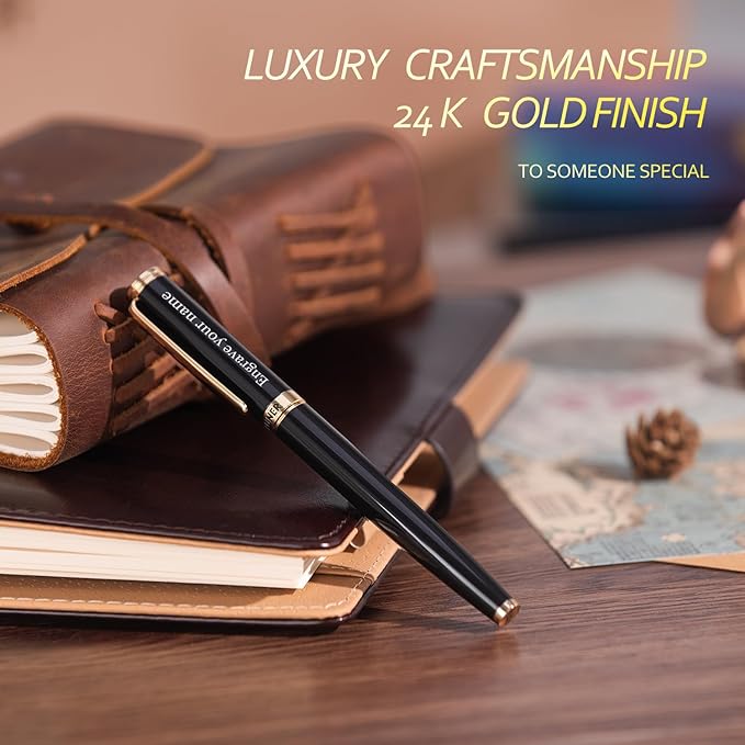 BEILUNER Black Personalized Pen,Stunning Luxury Lacquer With 24K Gold,Schneider Ink Refills,Multiple Fonts To Custom Rollerball,Gift Pen For Men & Women,Executive,Graduation,Christmas,Nice Pens