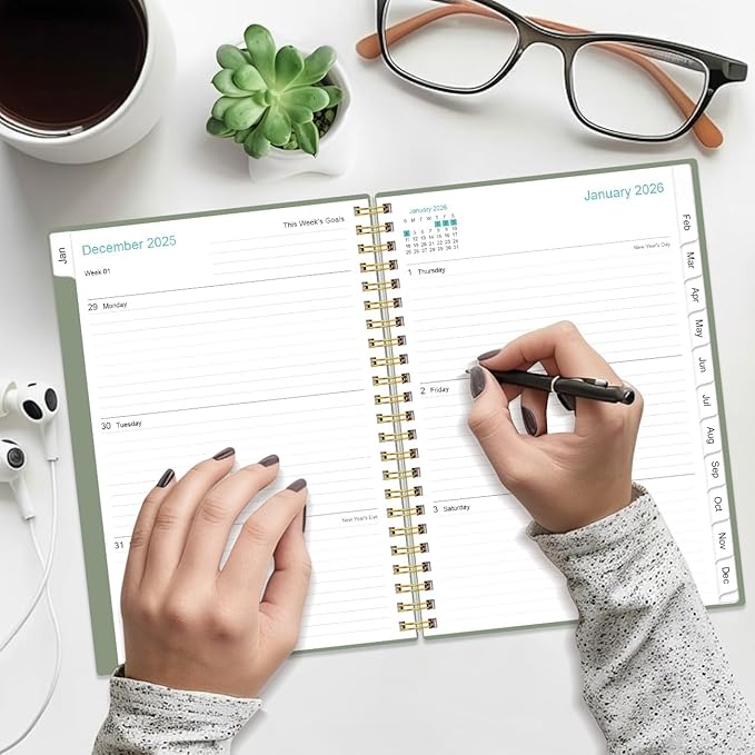2026 Planner - Weekly and Monthly Calendar Planner from Jan 2026 - Dec 2026, Planner 2026 Spiral Bound with 12 Monthly Tabs, Inner Pocket, Perfect for School Office Supplies, 6.4" x 8.5", Green