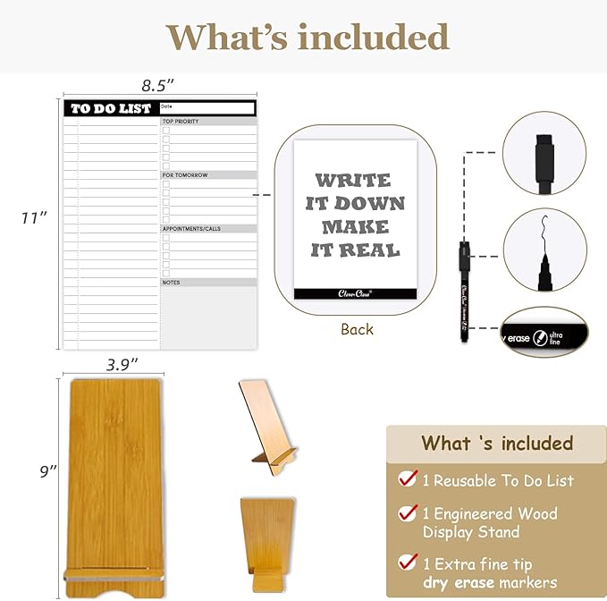 Dry Erase Desk Planning Board - Reusable Desktop Daily Planning Board, Work to-do List - 11"x8.5" Tabletop Dry Erase Board with Stand - Marker Included