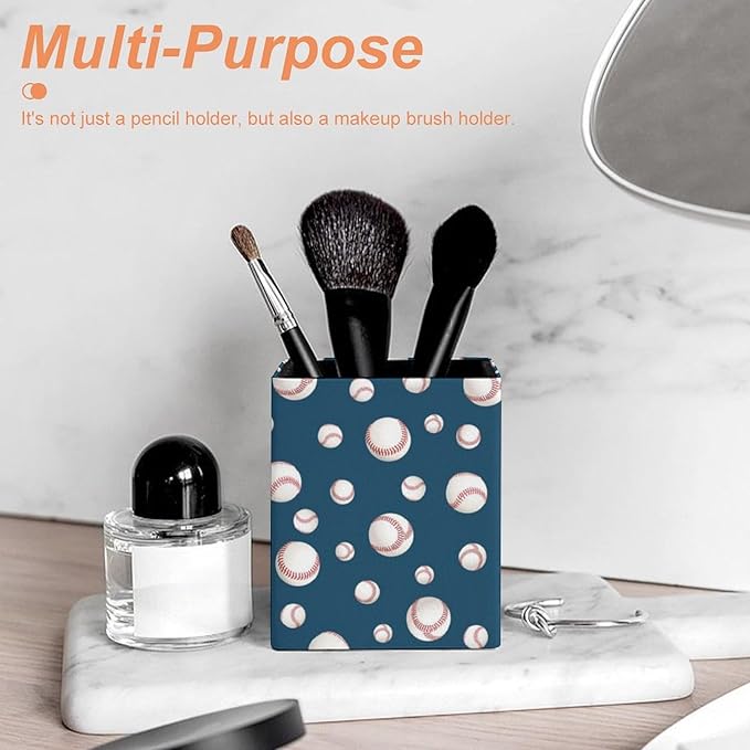 Square Pen Holder & Pencil Organizer for Desk - Office Storage Organizer, Markers/Makeup Brushes/Scissors Holder, Compact Desk Decor Accessories for Home Classroom School(Baseball)