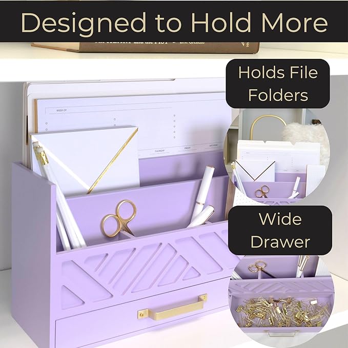 BLU MONACO Mail Organizer Countertop Kitchen - Purple Wood Desk Storage with Drawer - Mail Sorter or Bill Holder for Desk - Farmhouse Accessories & Mail Basket for Counter
