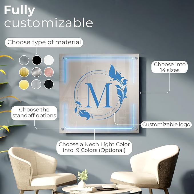 Personalized Floating Custom Acrylic Business Logo Sign | Free Company Vector Logo | Address Signage | Sign for Office Storefont | Multiple Size Options | Neon Led Lights Optional