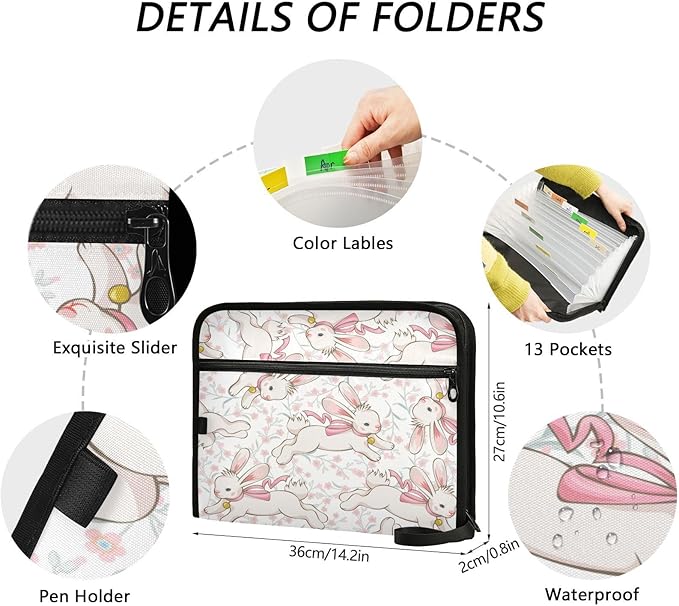 Accordion File Folder 13 Pockets Expanding File Folder with Sticky Labels Document Organizer Letter Size A4 Papers Expandable File Keeper,Running Bunny