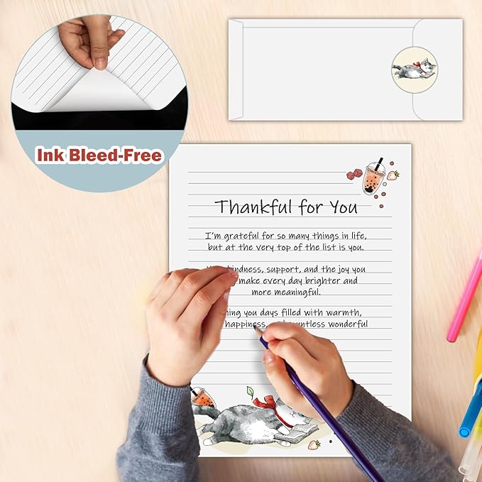 250Pcs Cute Stationery Paper and Envelope Set with 100 Letterhead Papers and 50 Envelopes, 10 Design for Letter Writing Invitations Computer Holidays Party Notes, 8.5x11 Inch- Lined Cat