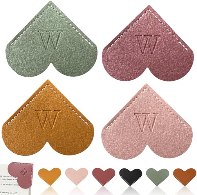 Personalized Leather Heart Bookmark, 26 Letters Customized Corner Book Mark for Reading Women, Book Marker with Initials，Cute Gifts (Light Pink+Deep Pink+Green+Light Brown, W)
