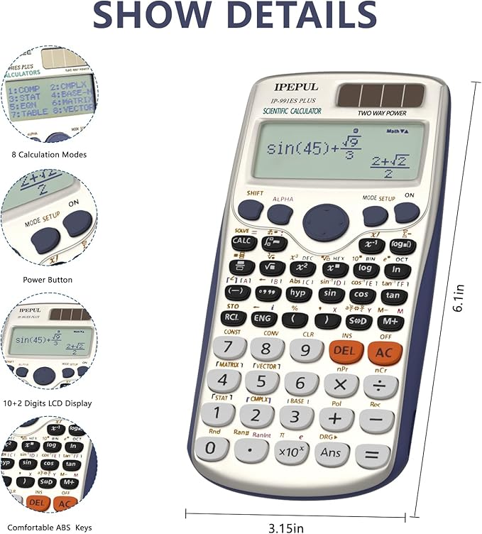 Scientific Calculators, IPepul Math Calculator with 417 Function, Solar Battery Power and 4-Line Display, School Supplies for Middle High College Students Teachers(991ES Plus)