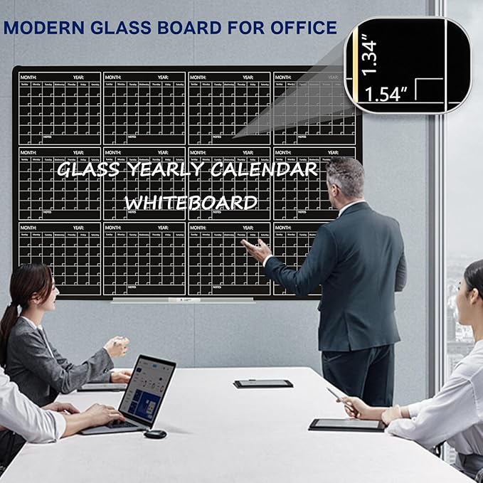 Magnetic Whiteboard Calendar Black Glass Board Yearly Calendar - 35" X 47" Large Wall Calendar - White Board Dry Erase Planner for Wall Home, School, Office