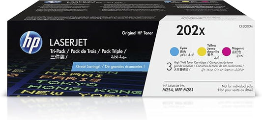 HP 202X Cyan, Magenta, Yellow High-yield Toner Cartridges (3-pack) | Works with HP Color LaserJet Pro M254, HP Color LaserJet Pro MFP M281 Series | CF500XM