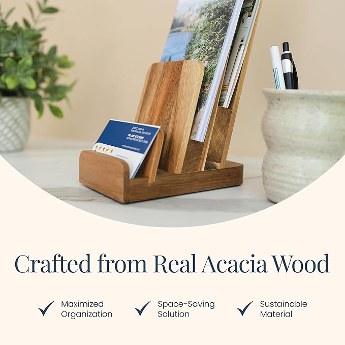 Brochure Holder - 4-Tier Acacia Wood Brochure Display Stand - Waterproof Flyer Stand w/Non-Slip Base - Handmade Flyer Holder for Flyer Display, Menu Holder, Pamphlet & Business Cards- [Pack of 1]