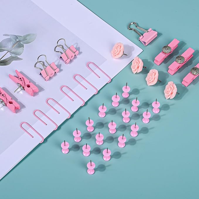 Pink Desk Accessories,220PCS Paper Clips and Binder Clips Small with Decorative Push Pins Cips for School Home Office Aesthetic Desk Accessories