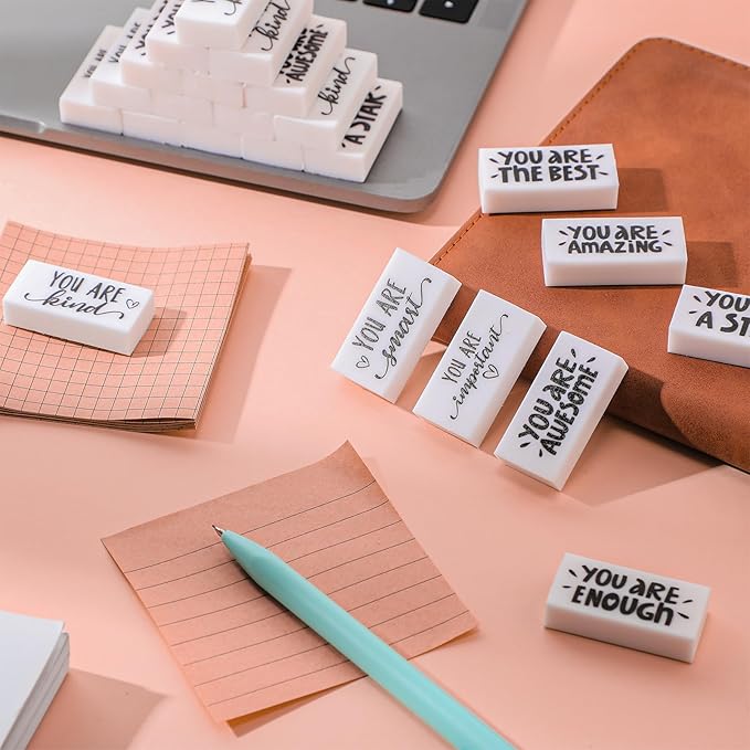 PerKoop 200 Pcs Back to School Inspirational Small Pencil Erasers Bulk for Kids, White Cute Fun Motivational Erasers Gifts for Teachers Students Classroom Reward First Day of School Supplies