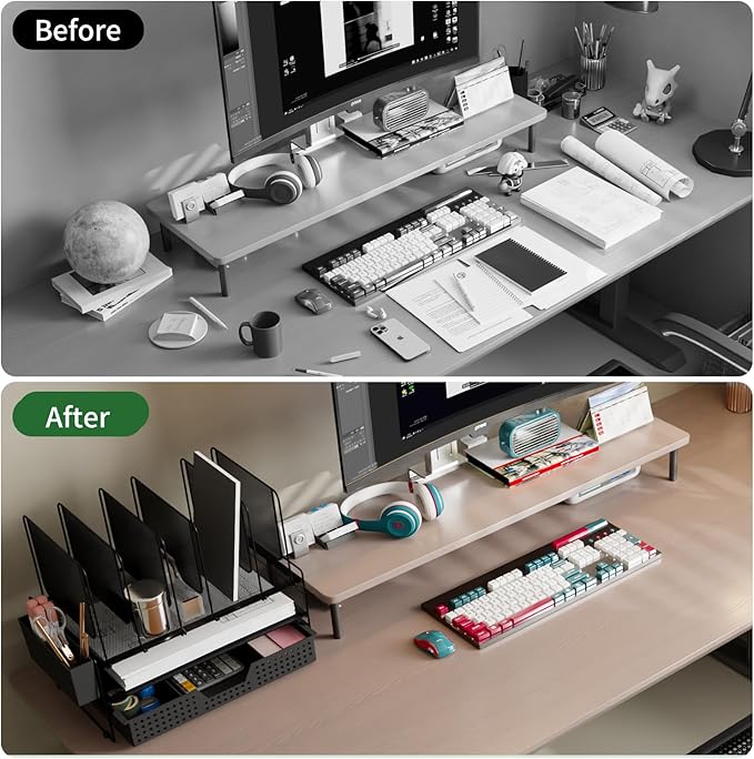 Desk Organizer, Office Organization with Vertical File Holder, File Organizer with Drawer and Pen Holder, Desk Accessories and Workspace Organizers for Home Office (Black)