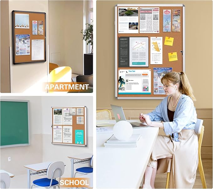 SWANCROWN Enclose Bulletin Board Case School Cork Noticeboards Cabinet with Locking Door and Keys,38x28 inch (9xA4)