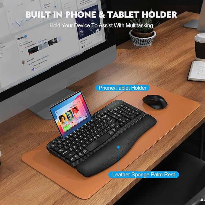 Wireless Keyboard and Mouse Combo, Wave Keys Full-Sized Ergonomic Keyboard with Cushioned Plam Rest, Phone Holder, Comfortable Natural Typing, 2.4G Cordless Set for Computer, Laptop, PC, Mac, Windows