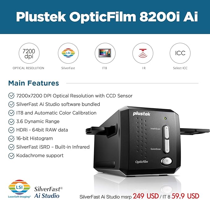 Plustek OpticFilm 8200i AI - 35mm Film & Slides Scanner. IT 8 Calibration Target + SilverFast Ai Studio 9, 7200 dpi Resolution 64Bit HDRi , Mac/PC