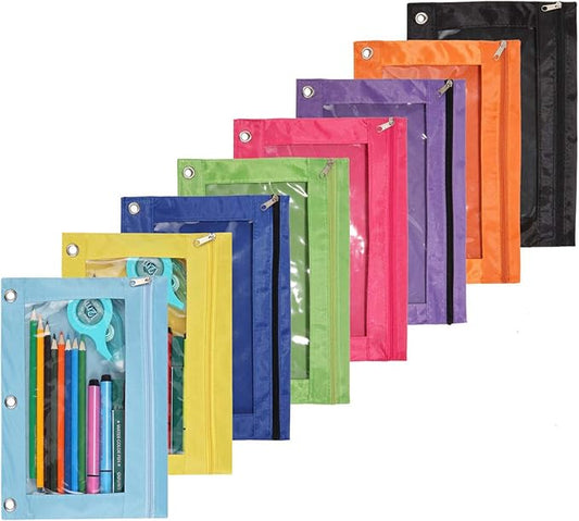 Zippered Binder Fabric Pencil Pouch 3 Rings with Clear Window for School Classroom Organizers 8 Pack (Multicolor)