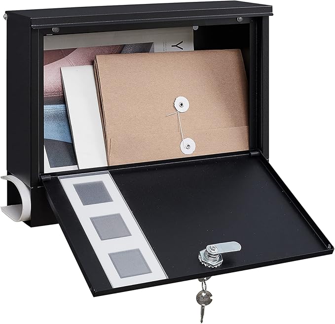 LAND·VOI Locking Mailbox Wall Mounted, Metal Postbox with Three Sets of Mail Box Number Stickers, 4 Keys, 14.4" x 4.5" x 11.2", Large Capacity, Black, AMB11B