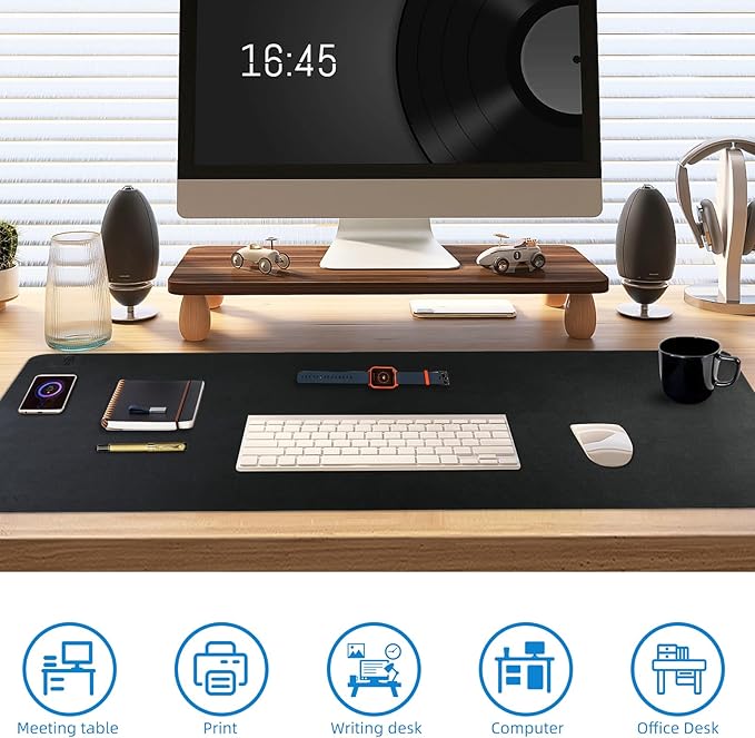 Wireless Charging Mouse Pad with for Desktop Charging Large Desk Mat 36"x17" Waterproof Black Leather Computer Mat Mousepad Non-Slip Protector on Top of Desks for Keyboard and Mouse(Black-L)