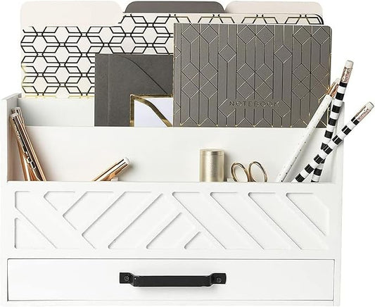 BLU MONACO Mail Organizer Countertop Kitchen – White Wood Desk Storage with Drawer – Mail Sorter or Bill Holder for Desk – Farmhouse Accessories & Mail Basket for Counter