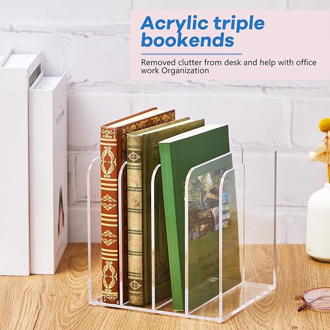 Suzile Clear Acrylic Magazine File Holder with Vertical Compartments Desk Organizer Book Rack for Desk Sorter Paper Folder Office Accessories(Stylish,7 x 6.9 x 6.3 Inch)