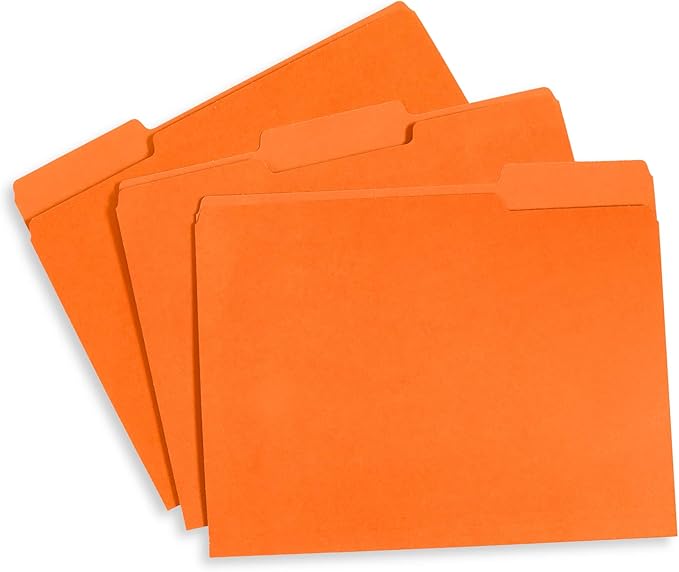 File Folder, 1/3 Cut Tab, Letter Size, Orange, Great for Organizing and Easy File Storage, 100 Per Box