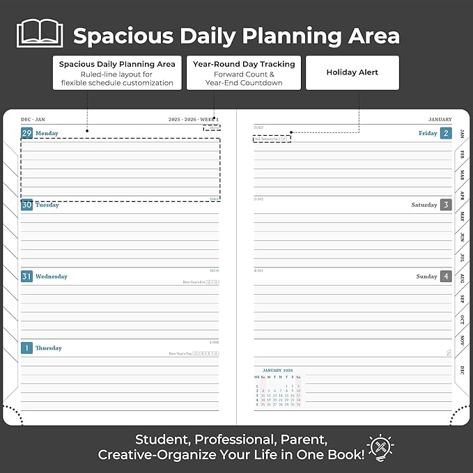 Planner 2026 Daily Weekly and Monthly,8.5"x6.5",12 Months Spiral Bound Calendar Agenda with Self-adhesive Pen Holder,2026 Appointment Book with Vegan Leather Soft Cover,Black