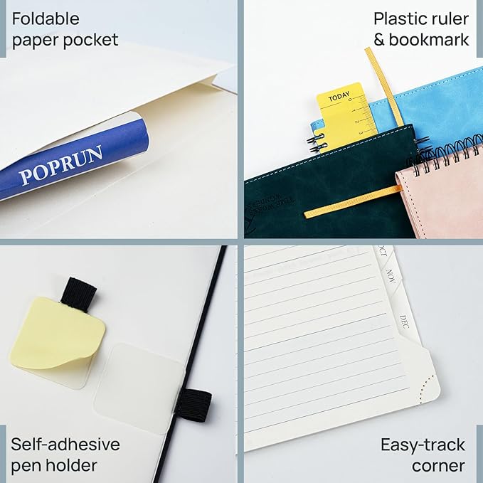 POPRUN 2026 Planner Weekly Notebook (Jan-Dec), Small Size 4''x 6.25'' - 2026 Pocket Calendar for Purse with Spiral Soft Cover, Plastic Ruler, Inner Pocket, 100 GSM - Brown