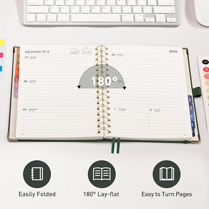 RETTACY 2026 Planner, Weekly and Monthly, Medium Size (5.7" x 8.3"), Jan - Dec 2026, Agenda, Calendar, 12 Month Tabs, Hardcover, 100 GSM Thick Paper, Spiral-bound (Dark Green)