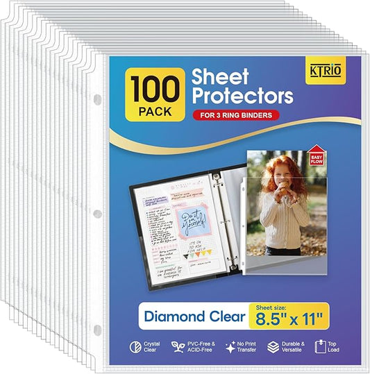 KTRIO Sheet Protectors 8.5 x 11 inch, Clear Page Protector for 3 Ring Binder, Plastic Sleeves for Binders, Top Loading Paper Sheets Document Sleeve Letter Size, Office & Home, 100 Pack