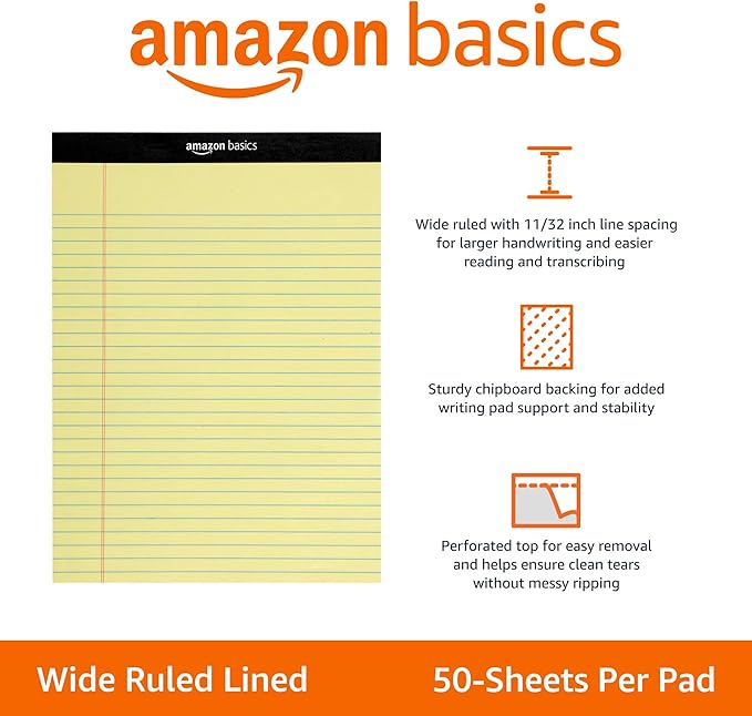 Amazon Basics 50 sheet Wide Ruled Lined Writing Note Pad, 8.5" x 11.75", 12-Pack, 600 Perforated Sheets, Canary