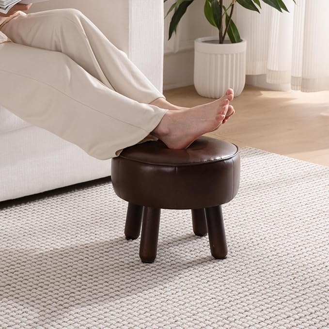 Small Foot Stool Ottoman, Round Pouf Foot Rest, Footstool Ottomans with Rubber Legs Under Desk, Faux Leather Footrest for Couch, Living Room, Bedroom, Office, 13''L x 13''W x 10.2''H, Coffee