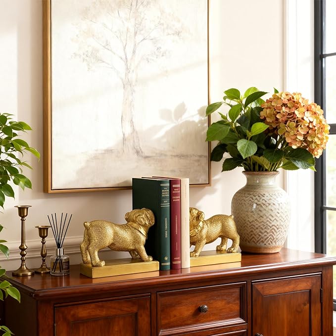 Decorative Bookends for Shelves, Dog Book Ends for Heavy Books, Bulldog Statues Bookends for Heavy Books with Anti-Slip Base Book Holders for Home Office Decor (Gold)