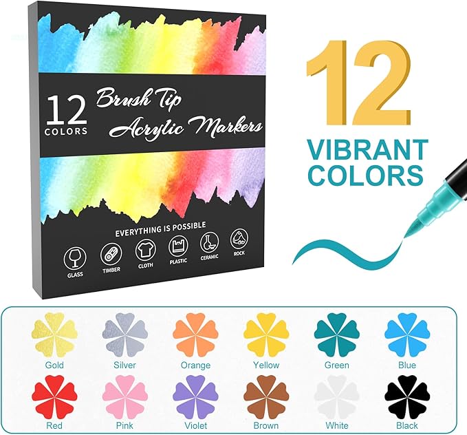 12 Colors Acrylic Paint Markers, Waterproof Dual Tip Acrylic Paint Pens with Brush and Fine Tip, Markers Set for Paper, Rock, Wood, Canvas, Glass, Ceramic and DIY Crafts Making Art Supplies