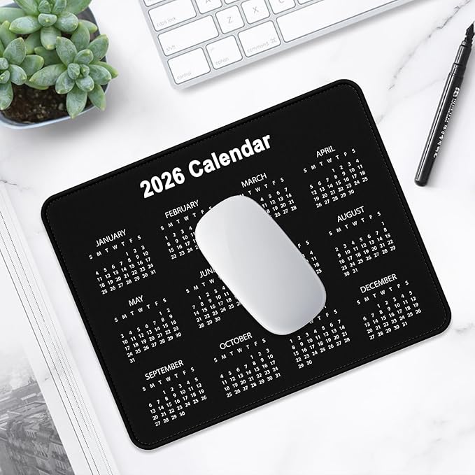 2026 Calendar Mouse Pad, Square New Year 2026 Mousepad 10.2 x 8.3 Inch, Stitched Edge Anti-Slip Waterproof Rubber Computer Mat for Office, Gaming, Laptop, New Year Office Supplies Gift, Black