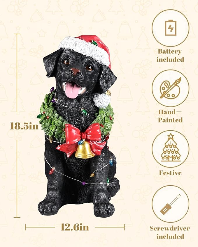 Christmas Outdoor Decoration Dog Statue, LED Light Cute Labrador Dog Sculpture with Santa Outfit & Lights for Garden and Yard, Indoor Holiday Décor Gift for mom and dad