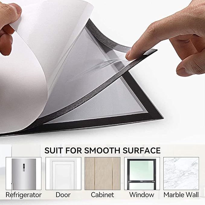 8.5x11 Magnetic Sign Holder Wall Mount,Self-Adhesive Plastic Display Frames,Clear PVC Sign Holder with Magnet Strip Border for Window/Door/Fridge/Document Notice Paper(12Pcs,Black)