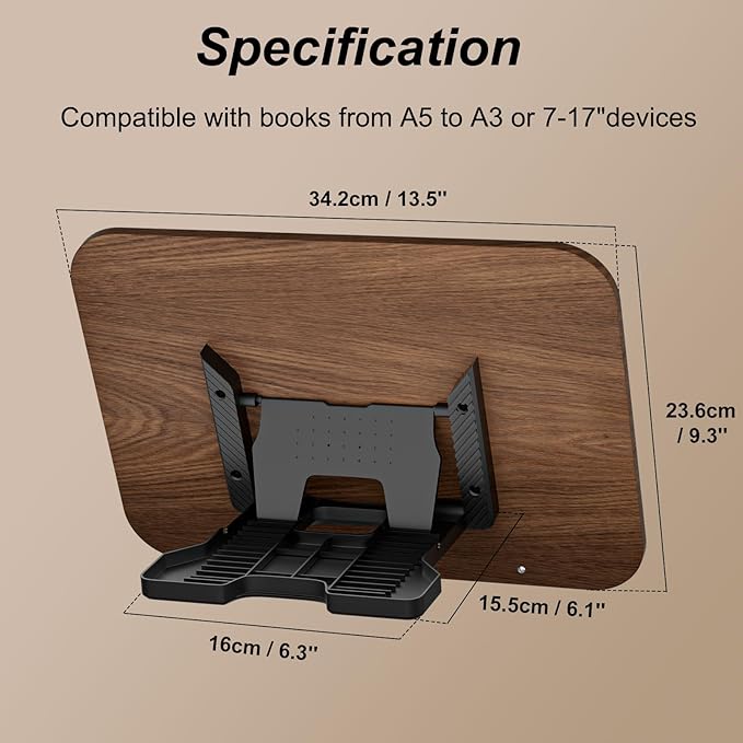 Book Stand for Reading, JaoNanl Adjustable Book Display Stand, Foldable Cookbook Stand with Elastic Page Clips, Multifunctional Display Stand for Office, Music Scores, Recipe, Tablet, Laptop