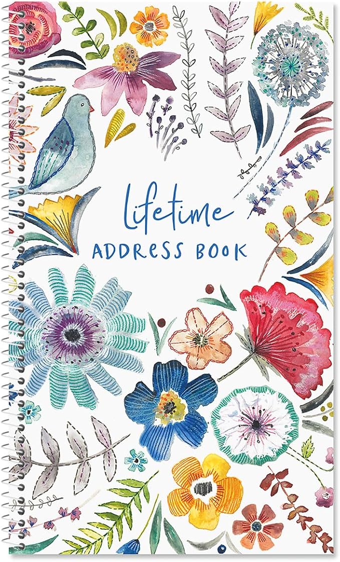 Current Embroidered Florals Address Book-94 Pages; Small 5" x 8-1/2" Size for Purse or Office,Spiral Bound Soft Cover Organizer for Contacts,Addresses,Email, & Phone Numbers + 50 Replacement Stickers