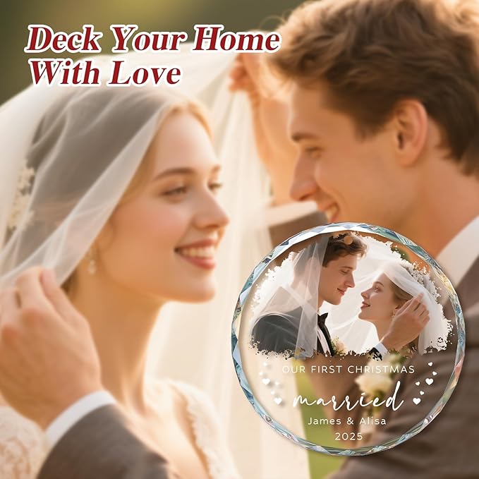 Personalized Our First Christmas Ornaments 2025 with Photo, Custom First Christmas Married Ornament, 1st Xmas Ornament for Together, Engaged, As Mr Mrs, Personalized Xmas Gifts Couple (3.15”)