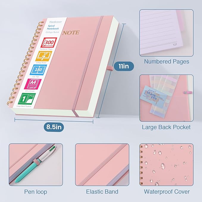 Spiral Notebook, 8.5” x 11” Notebooks for Work, 300 Numbered Pages College Ruled Notebook, Large Notebook for School with 24 Tabs, A4 Notebook Journal for Women Men, Thick Paper, Back Pocket, Green